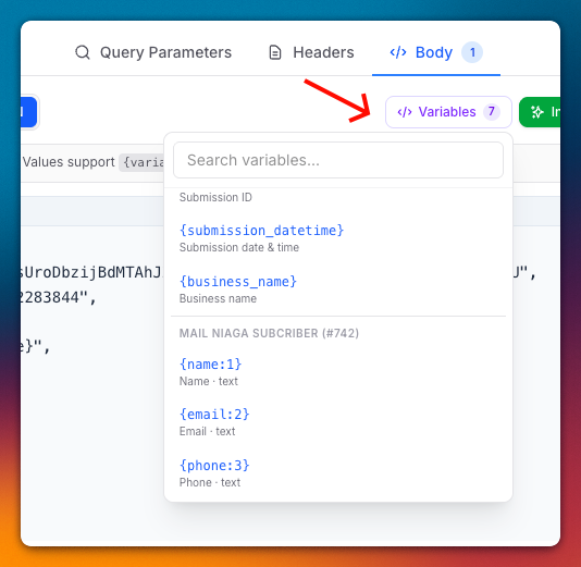 Senarai Variables dalam action HTTP Request