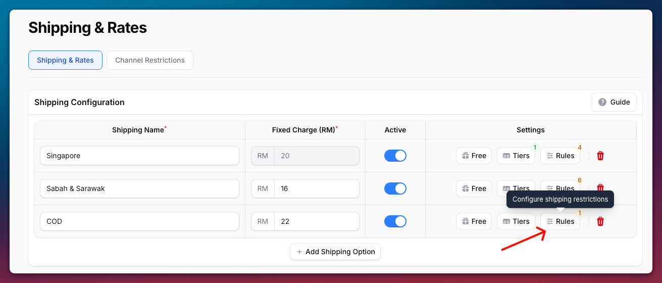 Senarai shipping option dengan butang Rules