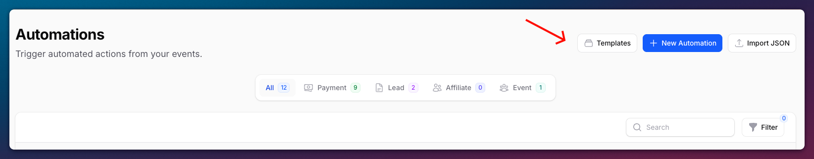 Butang Templates pada page Automations