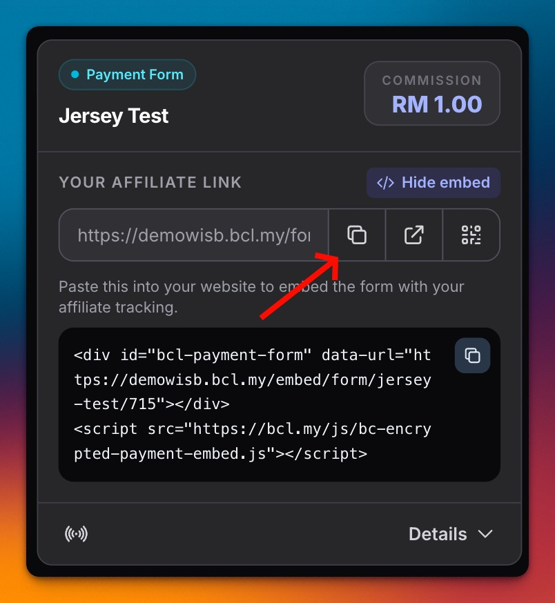 Copy dari field Your affiliate link, bukan dari kotak embed code